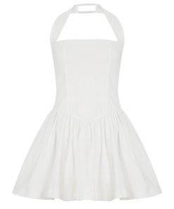 White Halter Neck Square Collar Waist-Cinching Dress - Backless Slimming A-Line Short Skirt, French Minimalist Style, First Love Feel