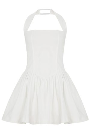 White Halter Neck Square Collar Waist-Cinching Dress - Backless Slimming A-Line Short Skirt, French Minimalist Style, First Love Feel