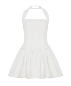 White Halter Neck Square Collar Waist-Cinching Dress - Backless Slimming A-Line Short Skirt, French Minimalist Style, First Love Feel