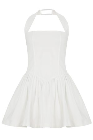 White Halter Neck Square Collar Waist-Cinching Dress - Backless Slimming A-Line Short Skirt, French Minimalist Style, First Love Feel