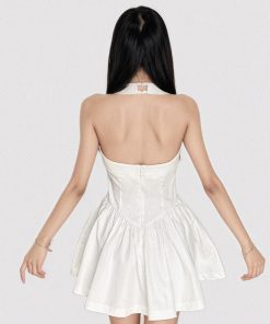 White Halter Neck Square Collar Waist-Cinching Dress - Backless Slimming A-Line Short Skirt, French Minimalist Style, First Love Feel