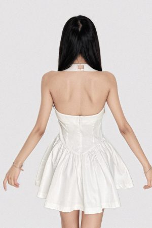 White Halter Neck Square Collar Waist-Cinching Dress - Backless Slimming A-Line Short Skirt, French Minimalist Style, First Love Feel