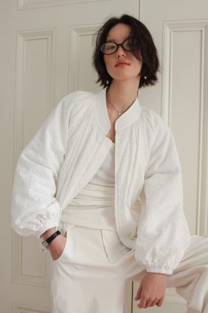 White Heavy Embroidery Hollow-Out Short Casual Jacket for Early Autumn â€“ Chic Layering Piece for Effortless Style
