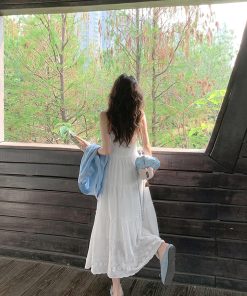 White Hollow-Out Spaghetti Strap Dress for Women - French Style Long Skirt, Perfect for Summer Beach Vacation - New Arrival