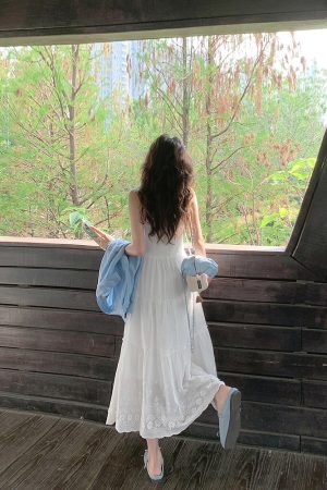 White Hollow-Out Spaghetti Strap Dress for Women - French Style Long Skirt, Perfect for Summer Beach Vacation - New Arrival