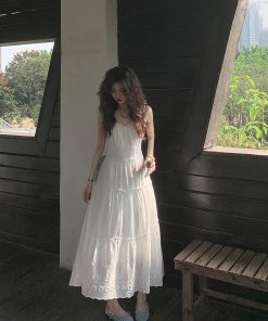 White Hollow-Out Spaghetti Strap Dress for Women - French Style Long Skirt, Perfect for Summer Beach Vacation - New Arrival