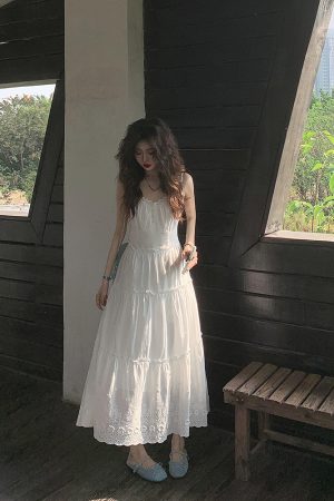 White Hollow-Out Spaghetti Strap Dress for Women - French Style Long Skirt, Perfect for Summer Beach Vacation - New Arrival