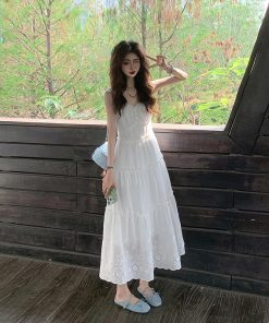 White Hollow-Out Spaghetti Strap Dress for Women - French Style Long Skirt, Perfect for Summer Beach Vacation - New Arrival