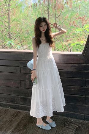 White Hollow-Out Spaghetti Strap Dress for Women - French Style Long Skirt, Perfect for Summer Beach Vacation - New Arrival