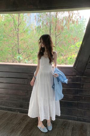 White Hollow-Out Spaghetti Strap Dress for Women - French Style Long Skirt, Perfect for Summer Beach Vacation - New Arrival