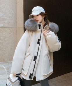 White Hooded Down Jacket for Women with Large Fur Collar, Winter 2025 Workwear Style, 90% White Duck Down, Trendy and Warm