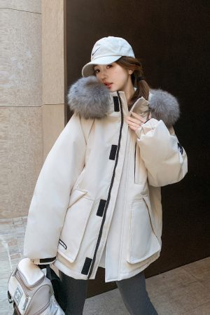 White Hooded Down Jacket for Women with Large Fur Collar, Winter 2025 Workwear Style, 90% White Duck Down, Trendy and Warm