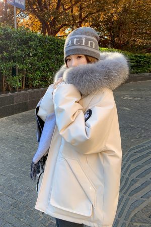 White Hooded Down Jacket for Women with Large Fur Collar, Winter 2025 Workwear Style, 90% White Duck Down, Trendy and Warm