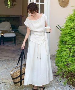 White Irregular Top and Skirt Set for Women, 2025 Summer French Style, Chic Two-Piece Outfit, Effortless Elegance