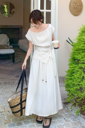 White Irregular Top and Skirt Set for Women, 2025 Summer French Style, Chic Two-Piece Outfit, Effortless Elegance