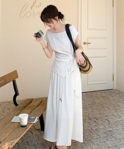 White Irregular Top and Skirt Set for Women, 2025 Summer French Style, Chic Two-Piece Outfit, Effortless Elegance