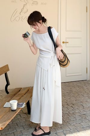 White Irregular Top and Skirt Set for Women, 2025 Summer French Style, Chic Two-Piece Outfit, Effortless Elegance