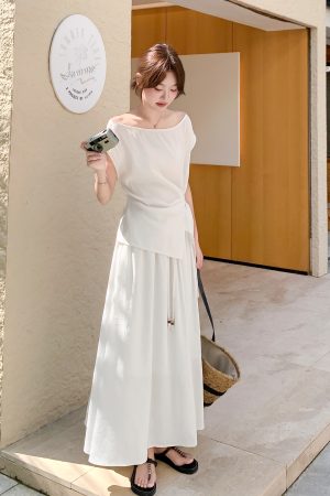 White Irregular Top and Skirt Set for Women, 2025 Summer French Style, Chic Two-Piece Outfit, Effortless Elegance