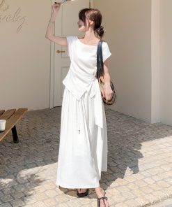 White Irregular Top and Skirt Set for Women, 2025 Summer French Style, Chic Two-Piece Outfit, Effortless Elegance