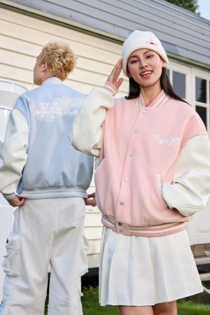 White Lace AppliquÃ© Floral Embroidery Baseball Jacket - Y2K Inspired Trendy Outerwear for Stylish Looks