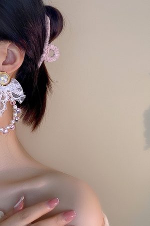 White Lace Bow Drop Earrings for Women, Japanese & Korean Style, Elegant Round Design, Sweet Daily Accessories
