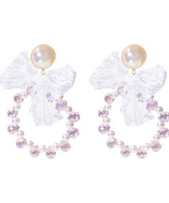 White Lace Bow Drop Earrings for Women, Japanese & Korean Style, Elegant Round Design, Sweet Daily Accessories