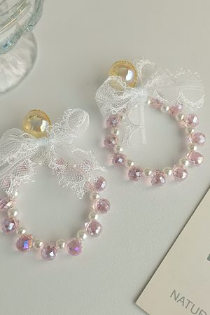 White Lace Bow Drop Earrings for Women, Japanese & Korean Style, Elegant Round Design, Sweet Daily Accessories