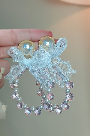 White Lace Bow Drop Earrings for Women, Japanese & Korean Style, Elegant Round Design, Sweet Daily Accessories