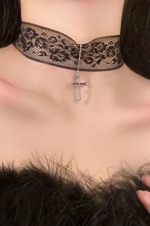 White Lace Cross Necklace Clavicle Chain, Sweet Sexy Choker for Hot Girl Style, Trendy Y2K Fashion Accessory