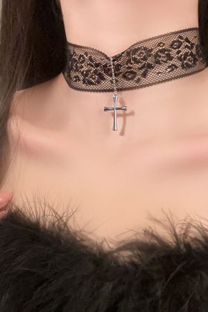 White Lace Cross Necklace Clavicle Chain, Sweet Sexy Choker for Hot Girl Style, Trendy Y2K Fashion Accessory