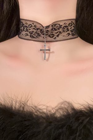 White Lace Cross Necklace Clavicle Chain, Sweet Sexy Choker for Hot Girl Style, Trendy Y2K Fashion Accessory