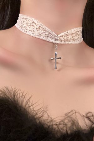 White Lace Cross Necklace Clavicle Chain, Sweet Sexy Choker for Hot Girl Style, Trendy Y2K Fashion Accessory