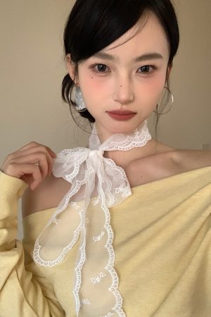 White Lace Embroidered Long Silk Scarf for Women, Fairy Aesthetic Neck Tie and Hair Ribbon, French Layered Hair Accessory