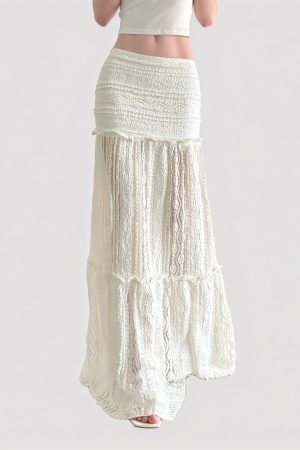 White Lace Hollow Out Midi Skirt - Bohemian Low Waist Long Skirt for Summer 2025 - Chic French Boho Style, Trendy 90s Vibe