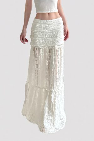 White Lace Hollow Out Midi Skirt - Bohemian Low Waist Long Skirt for Summer 2025 - Chic French Boho Style, Trendy 90s Vibe