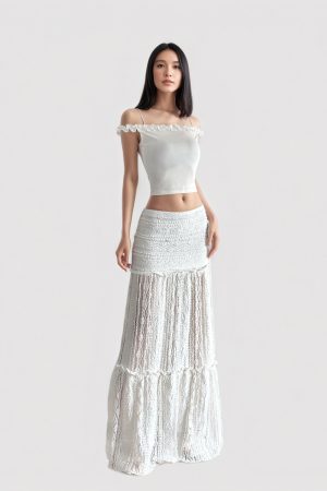 White Lace Hollow Out Midi Skirt - Bohemian Low Waist Long Skirt for Summer 2025 - Chic French Boho Style, Trendy 90s Vibe