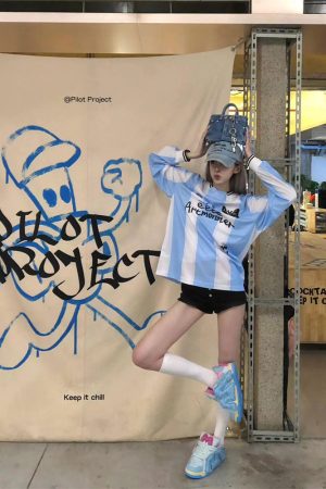 White Lace Long Sleeve Striped Soccer Jersey T-Shirt - Fall 2025, Loose Fit, Casual Sportswear, Trendy Street Style