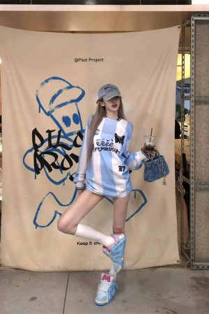 White Lace Long Sleeve Striped Soccer Jersey T-Shirt - Fall 2025, Loose Fit, Casual Sportswear, Trendy Street Style