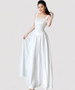White Lace Spliced Waist-Defining Cami Long Dress for Women - French Style, Umbrella Skirt, Romantic Summer Fashion