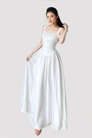 White Lace Spliced Waist-Defining Cami Long Dress for Women - French Style, Umbrella Skirt, Romantic Summer Fashion