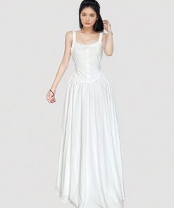 White Lace Spliced Waist-Defining Cami Long Dress for Women - French Style, Umbrella Skirt, Romantic Summer Fashion