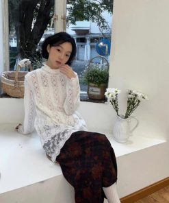 White Lace Top with Half-High Collar, Long Sleeve, French Style Gentle Girl Design, Perfect for Fall and 90s Aesthetic