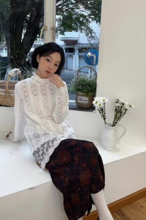 White Lace Top with Half-High Collar, Long Sleeve, French Style Gentle Girl Design, Perfect for Fall and 90s Aesthetic