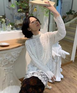 White Lace Top with Half-High Collar, Long Sleeve, French Style Gentle Girl Design, Perfect for Fall and 90s Aesthetic