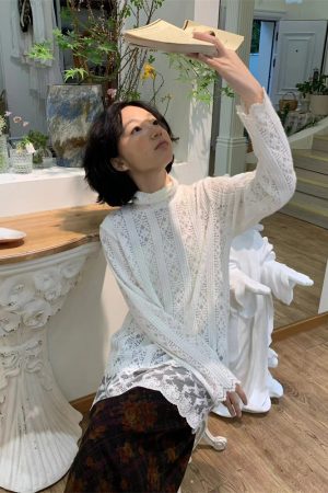 White Lace Top with Half-High Collar, Long Sleeve, French Style Gentle Girl Design, Perfect for Fall and 90s Aesthetic