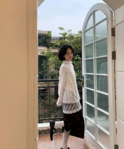 White Lace Top with Half-High Collar, Long Sleeve, French Style Gentle Girl Design, Perfect for Fall and 90s Aesthetic