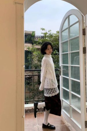 White Lace Top with Half-High Collar, Long Sleeve, French Style Gentle Girl Design, Perfect for Fall and 90s Aesthetic