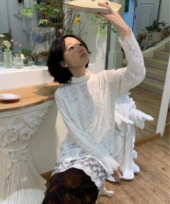 White Lace Top with Half-High Collar, Long Sleeve, French Style Gentle Girl Design, Perfect for Fall and 90s Aesthetic