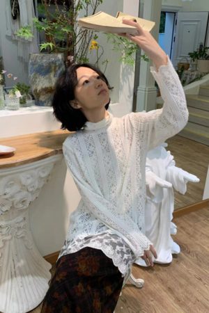White Lace Top with Half-High Collar, Long Sleeve, French Style Gentle Girl Design, Perfect for Fall and 90s Aesthetic