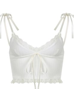 White Lace V-Neck Low-Cut Cami Top - Sexy Minimalist Cropped Summer Top for Home, Y2K Fashion, 2025 Style